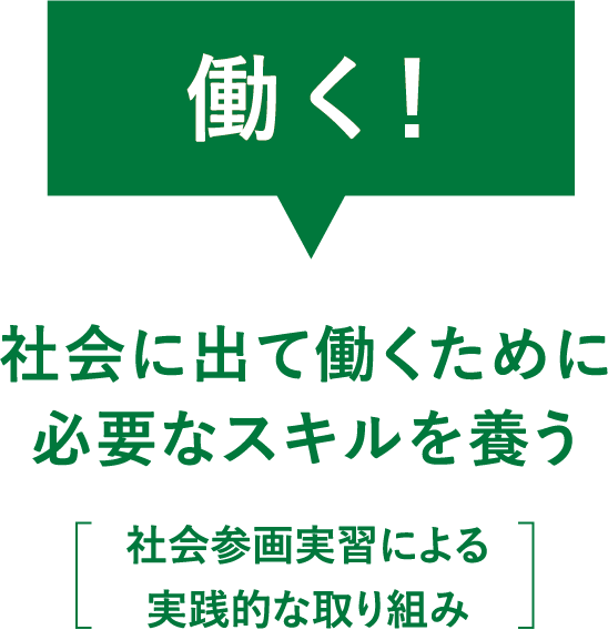 働く！｜実践型教育[社会参画実習]実践型教育のコア科目として、教養基礎科目の中に社会参画関連授業を開講。授業で学んだ知識や技術を修得し、地域や企業の課題に挑戦します。